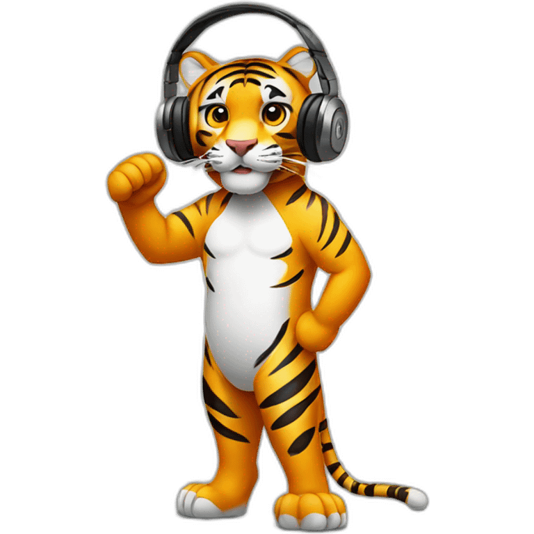 tiger standing on 2 feet wearing headphones emoji