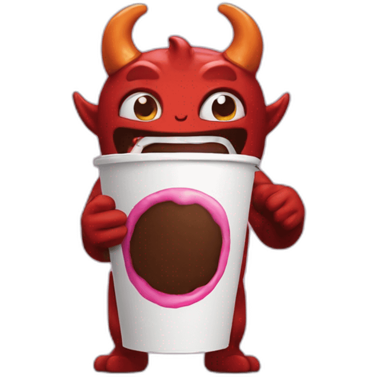 a demon holding a dunkin donuts coffee cup emoji