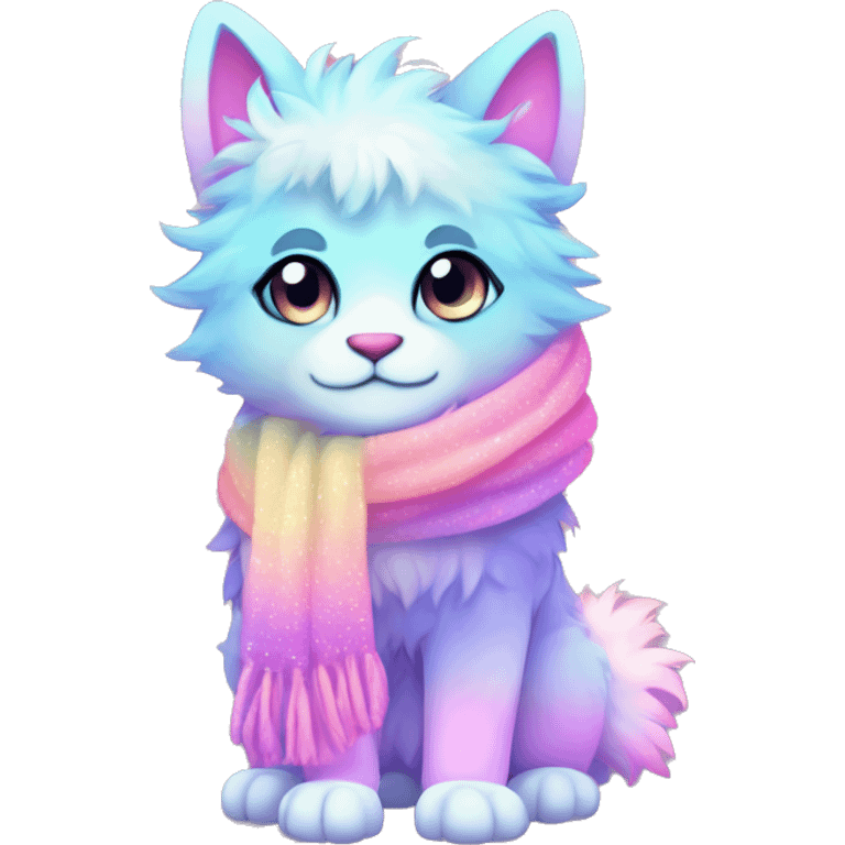 Edgy Kawaii cute gorgeous colorful sparkly bright light pastel gradient fantasy ethereal fluffy fursona animal creature with a cute scarf full body emoji