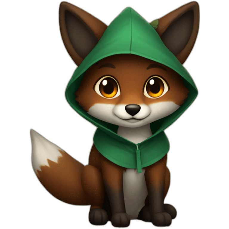 small dark brown fox with orange eyes and a dark green hood that smile emoji