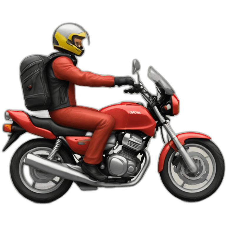 A middle age man “wheelie” the motorcycle honda Red 250 cc 1985 emoji