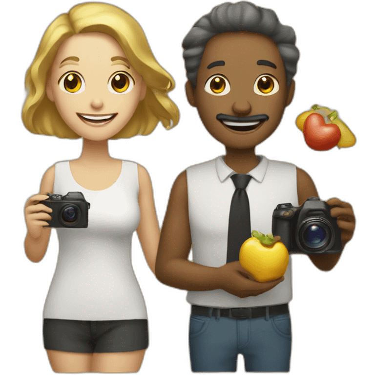 golden modern man and woman friends with camera in one hand and food in other hand, happy smiling emoji