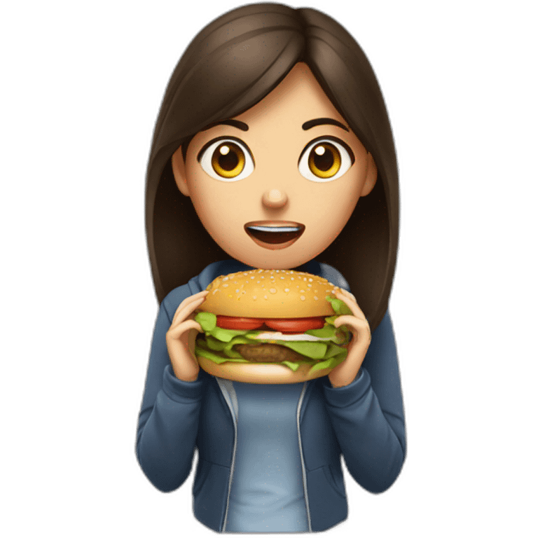 Brunette girl angry from studying decides to eat a burger emoji