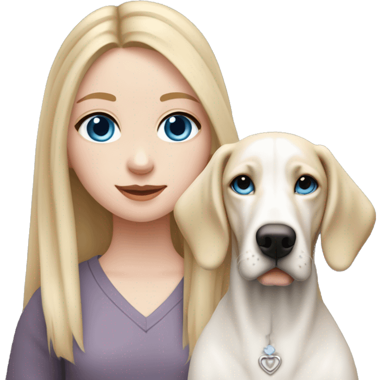 pale skin girl with blue eyes with long blonde hair that has a flower in her hair  holding a English pointer mixed with a lab dog breed the dog also has a flower in its hair emoji