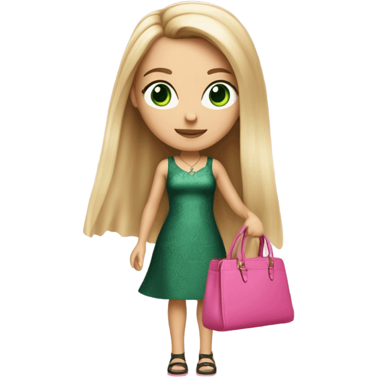 Realistic White girl with Long straight blonde hair and green eyes, tattoos, full body wearing pink dress, holding pink handbag emoji