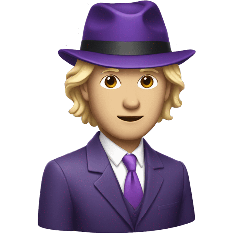 Man in purple suit with a dark purple hat over face, blond hair emoji