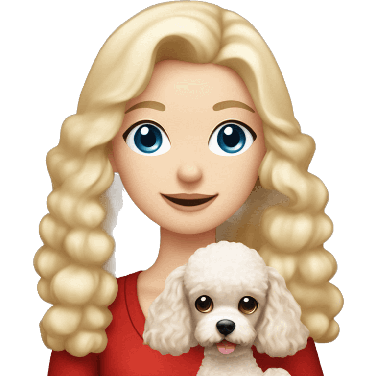 Pretty blue eyed white girl with blonde long hair with a santa claus hat and holding a brown toy poodle emoji