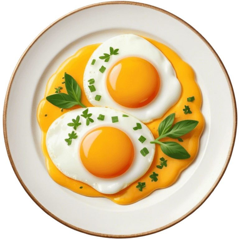 Cinematic sunny-side-up eggs, perfectly cooked with glossy yolks, crispy golden edges, sprinkled with fresh herbs, served on a rustic plate, bright and inviting, highly detailed and appetizing. emoji