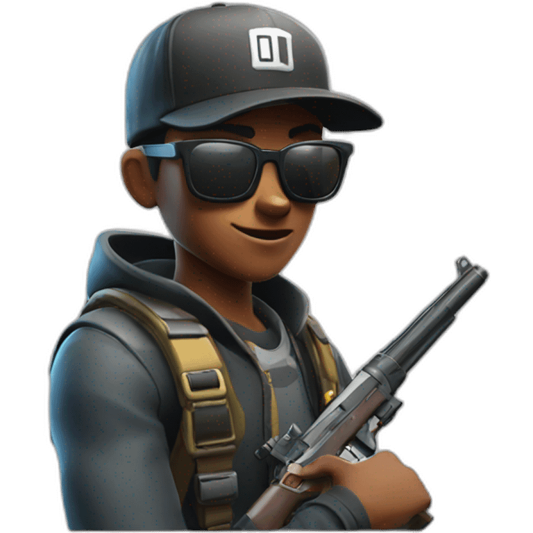 Boy with sunglasses and cap in fortnite with gun emoji