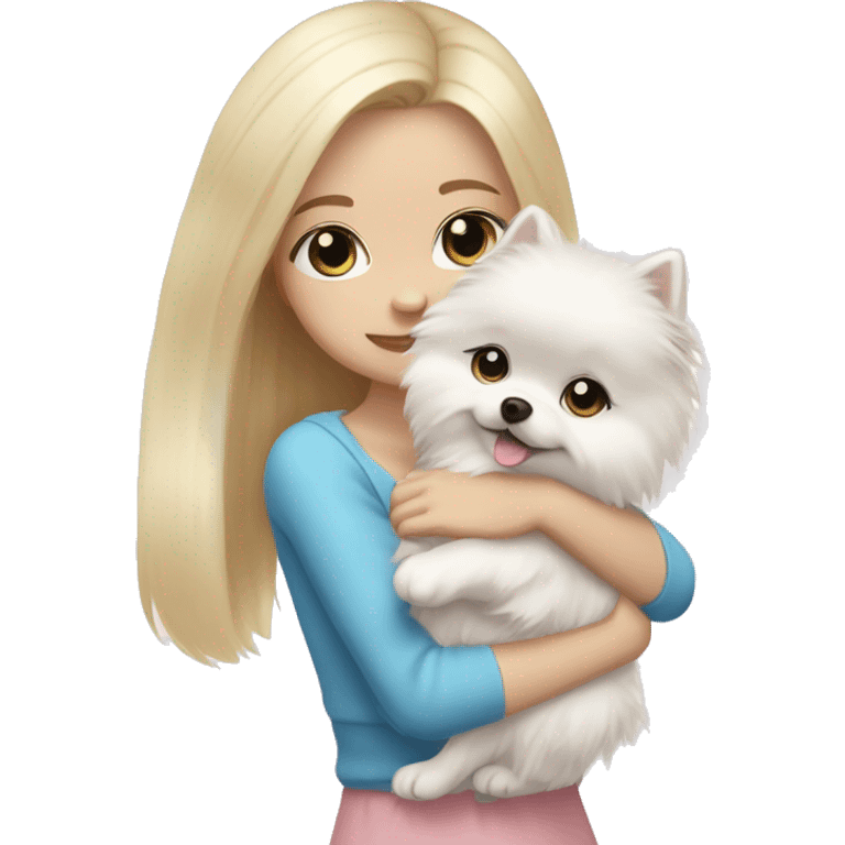 Blond girl white skin blue eyes hugging white Pomeranian with light pink bow emoji