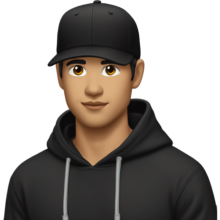 Lautner is wearing a black hoodie and has a black baseball cap with a visor back emoji