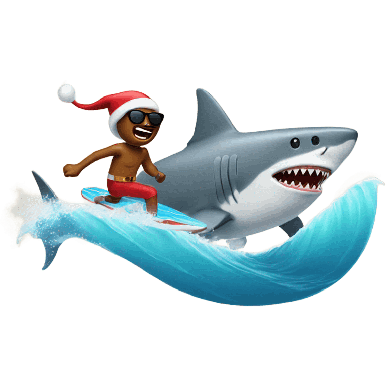 Santa surfing wearing sunglasses being Chased by a shark emoji