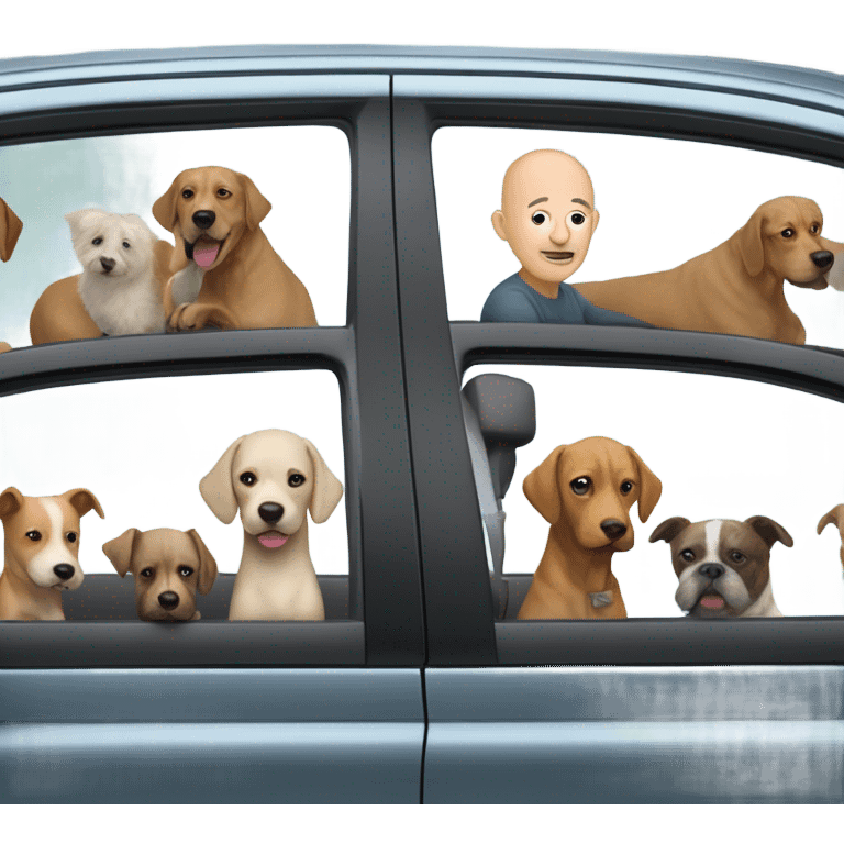 A bald man in his 50s driving a Prius filled with a bunch of dogs sticking their heads out of the windows emoji