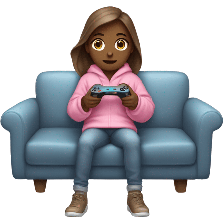 White girl with brown hair wrapped up in a blanket sitting on a couch with a pink gaming controller in her hands emoji