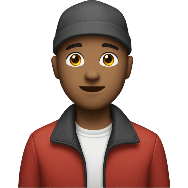 A young, bald man with an and a red jacket and cap emoji