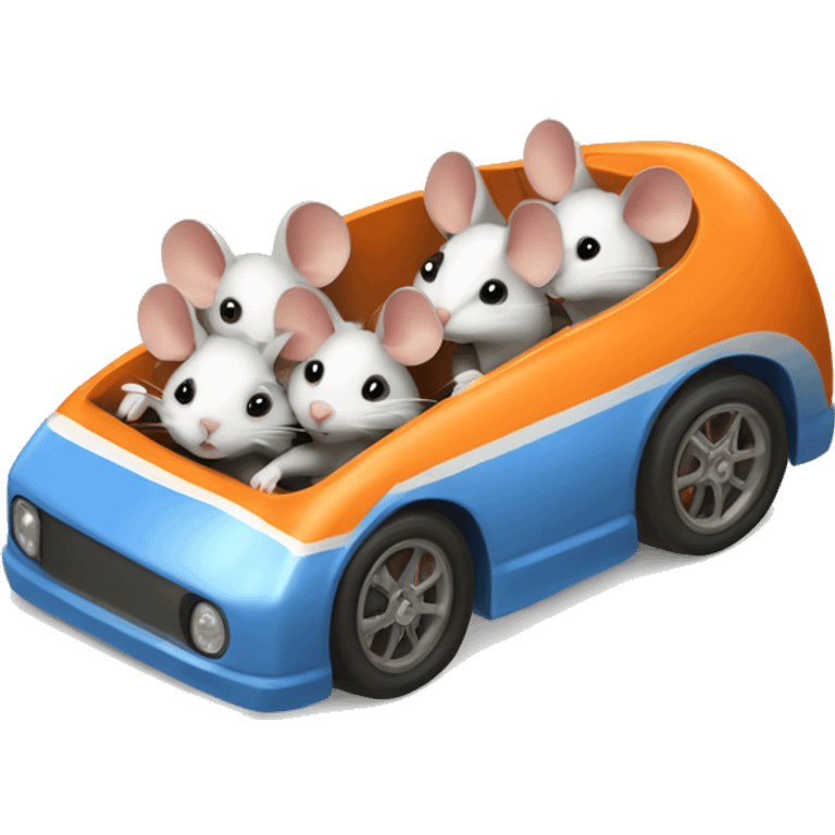 Three mice sitting in a carrot race car emoji