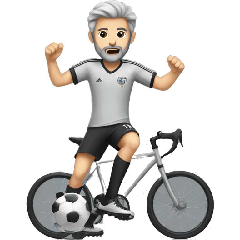 white boy in gray soccer uniform and black shorts with gray beard  and hair bicycle kicking a soccer ball emoji