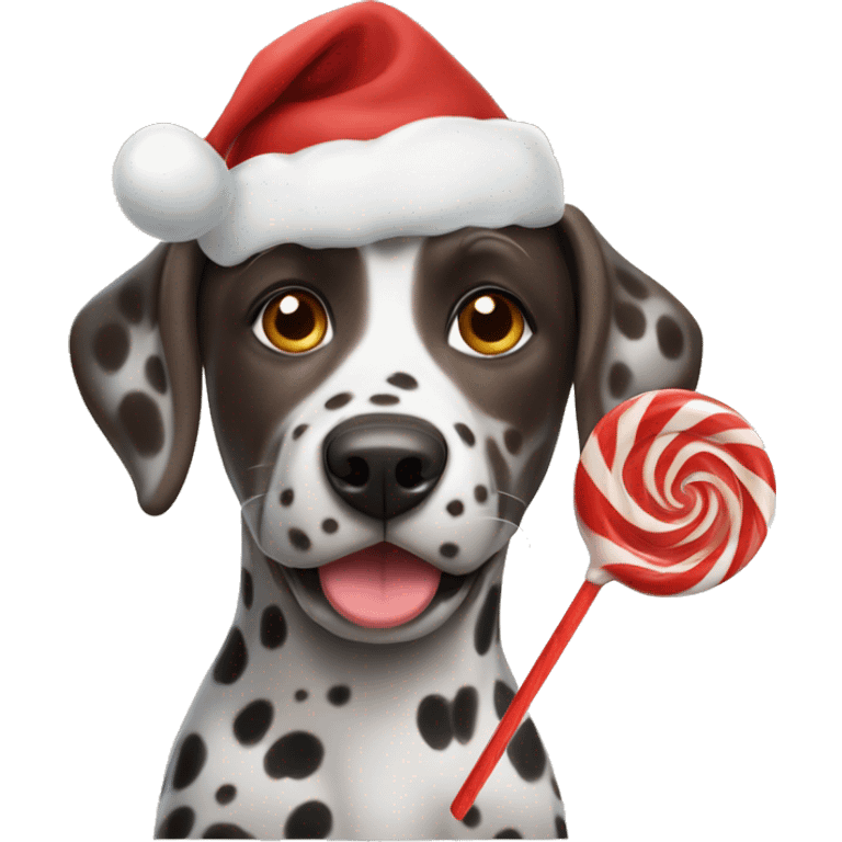 A brown Dalmatian holds a Christmas lollipop in his mouth emoji