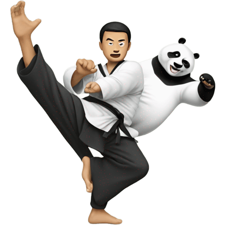 Asian man doing kung fu against a panda emoji