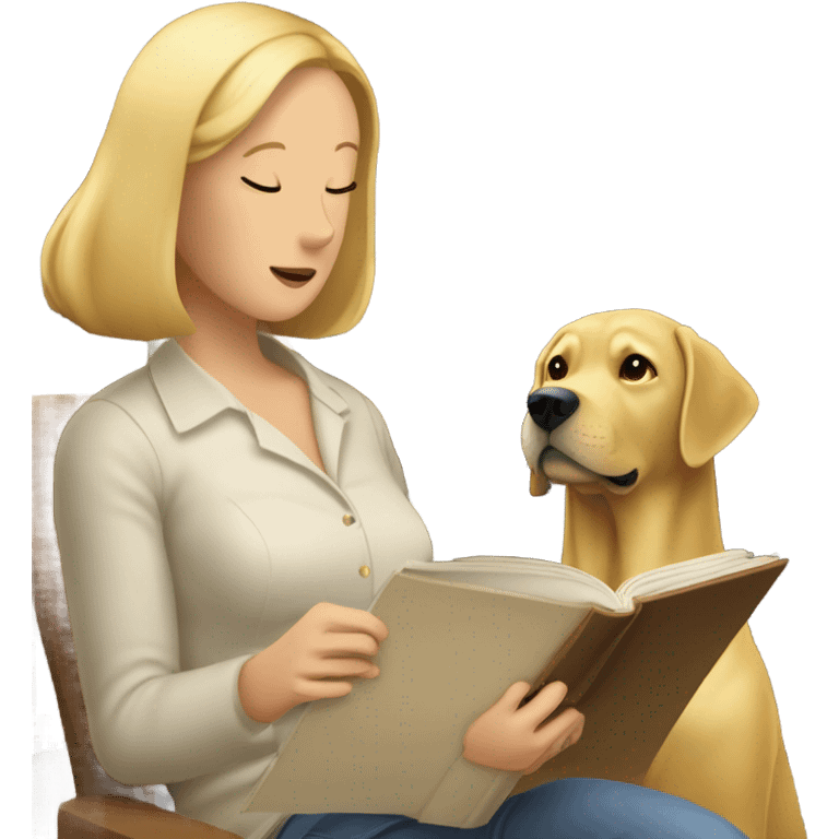 Golden lab reading a book but woman blocking the words emoji