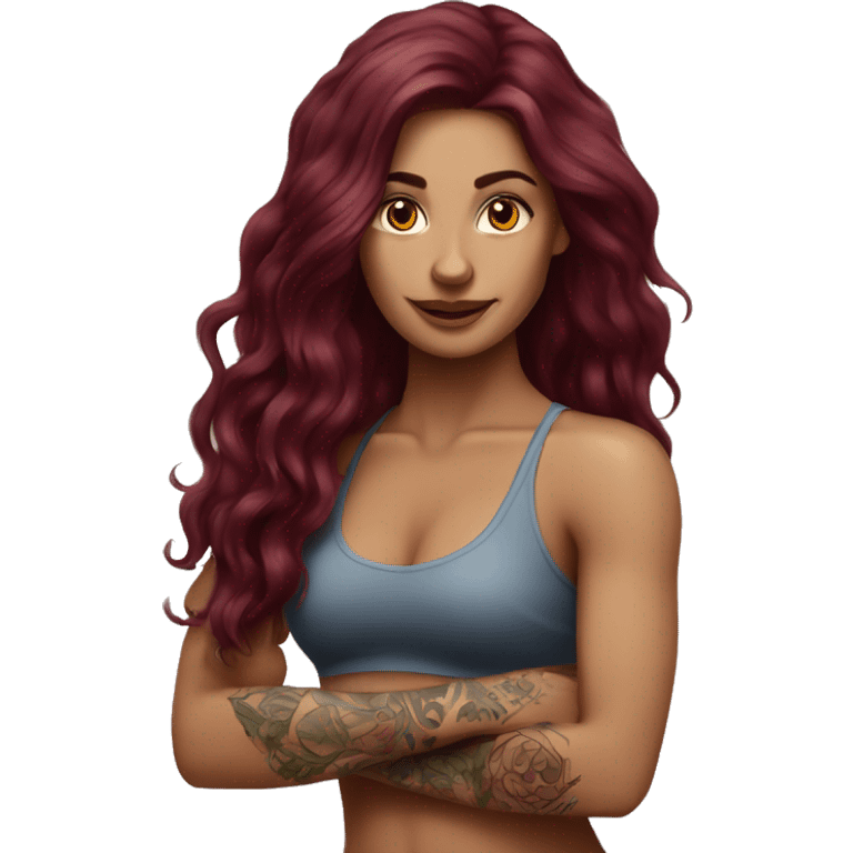 Beautiful tattooed  burgundy long haired woman doing Pilates emoji