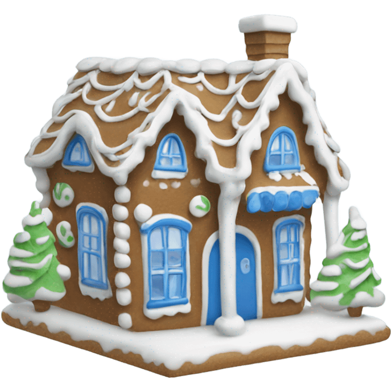 A blue and white gingerbread house emoji