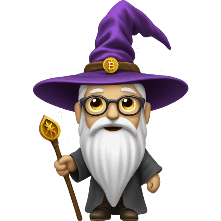 Wizard with a staff and pointed hat with a small bitcoin logo on the top of the staff emoji