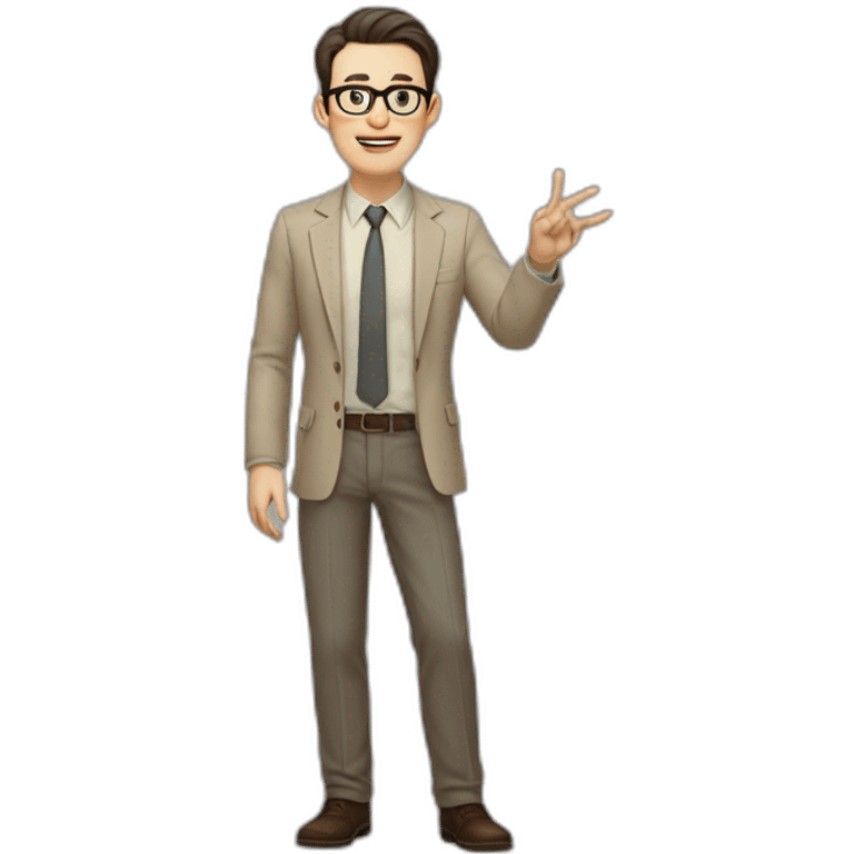 Full height Actively Gesturing Pale skinned fit man with dark brown hair in gray jacket, beige office shirt, brown tie, brown pants and vintage glasses. emoji