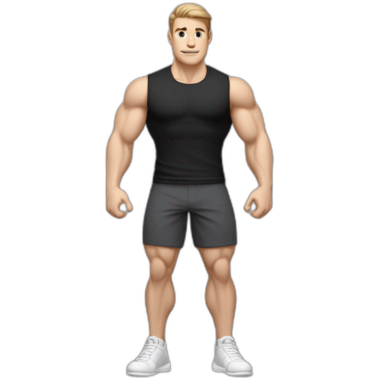 Pale skinned Fit Man With the biceps and dark brown hair in black shirt, gray sports shorts and white Sneakers emoji