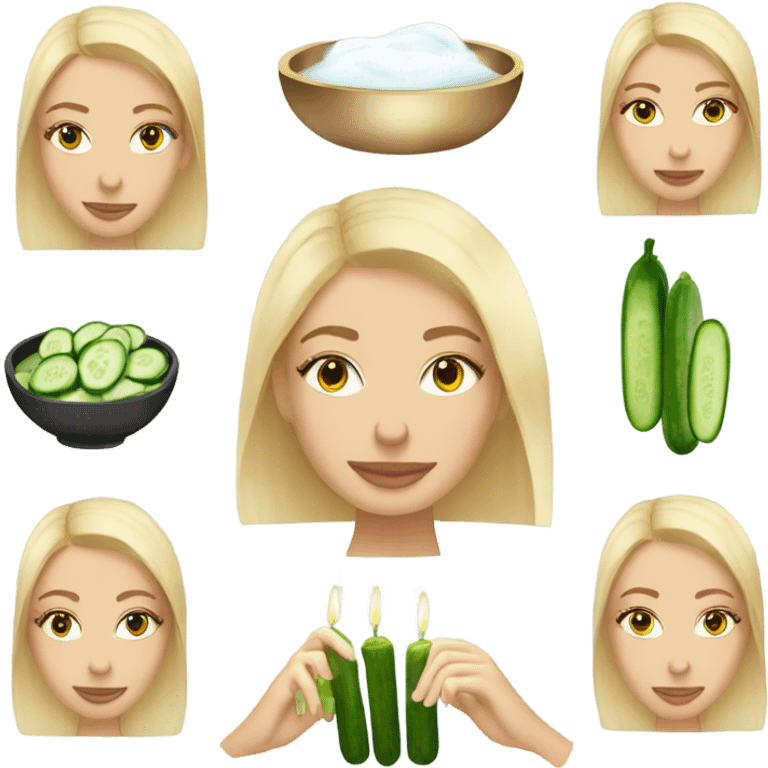 create an emoji of a blond woman getting a spa facial with cucumbers on the eyes, a ring on the finger, flowers in the hand and candles in the other h emoji