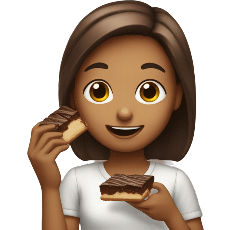 A girl eating a brownie emoji