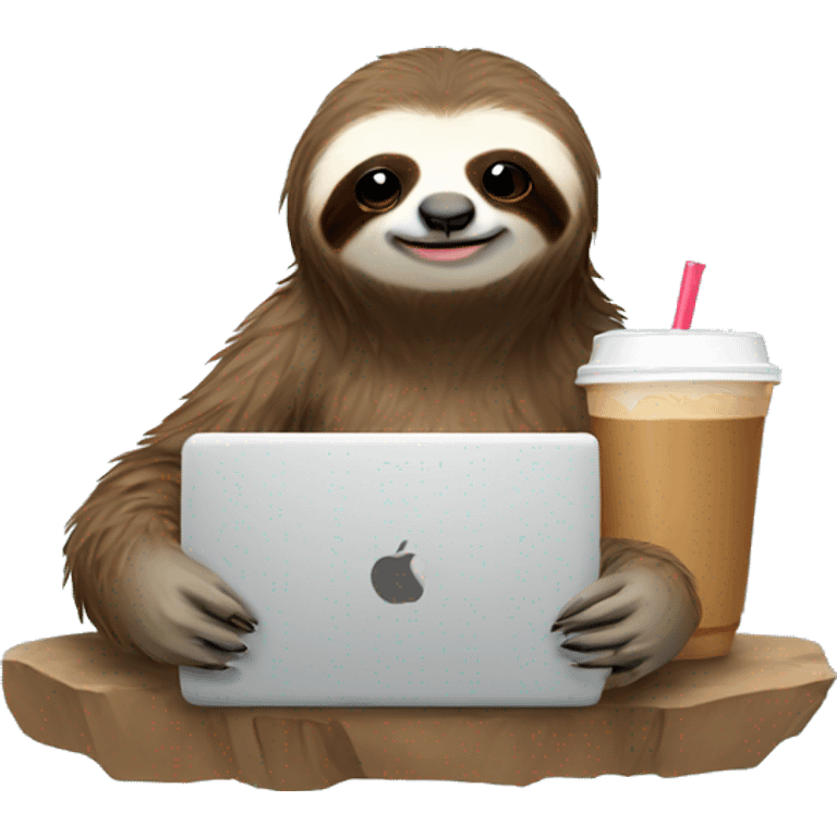 tired sloth with laptop and ice latte emoji