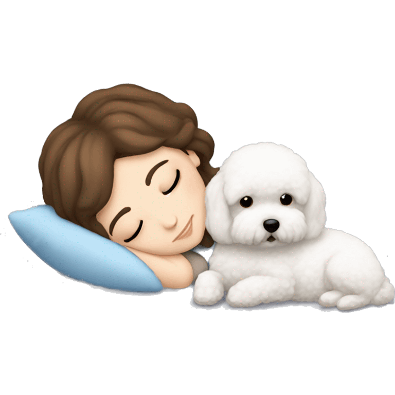 White girl brown hair sleeping with Mini Bichon emoji