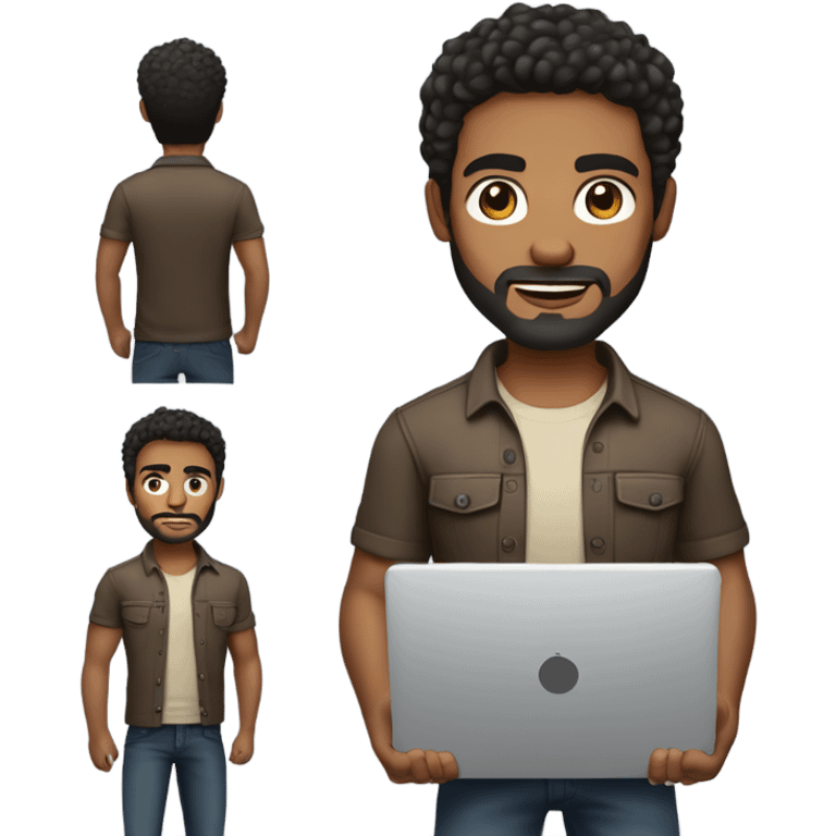 men holding his computer in hands. light brown skin men with curly black hair, dark brown eyes, little grown beard. little bit muscular. dressed casual. round face. emoji