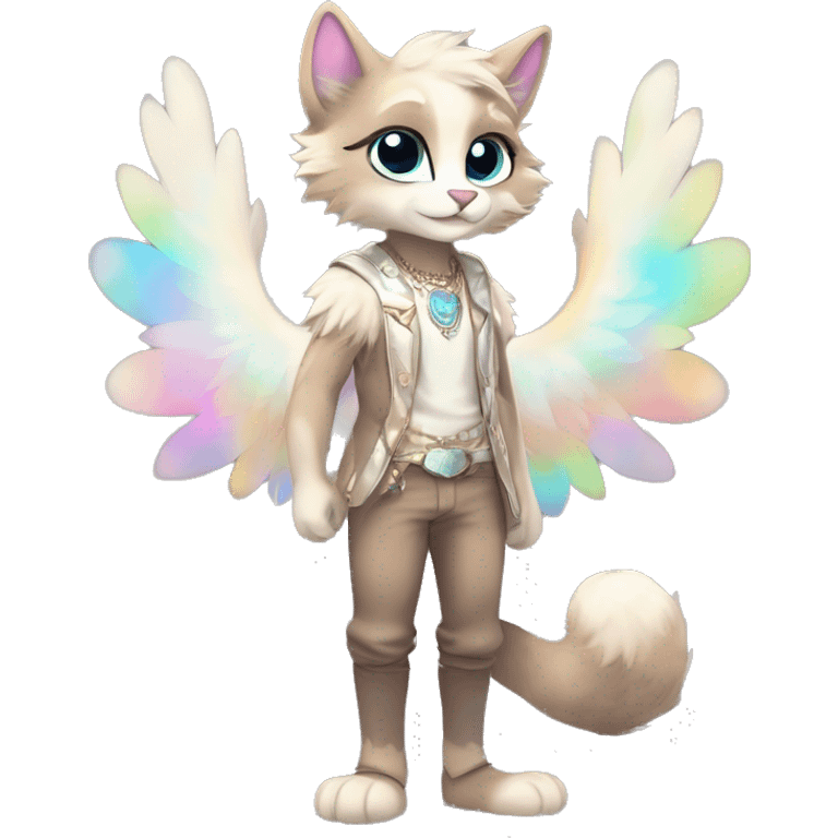 Furry, sparkle, iridescent, colorful, pastel, edgy, cool, fantasy beautiful, brown, beige, white, divine, godly, angelic, animal, anthro, full body, fursona, feline emoji