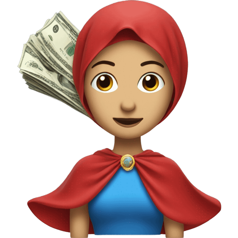 Spouse with blue veil, red dress, halo and flying money underneath emoji