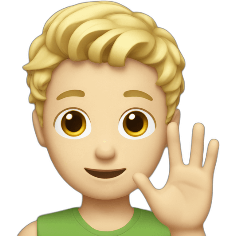 Blonde boy with medium short hair waving hi to the camera emoji