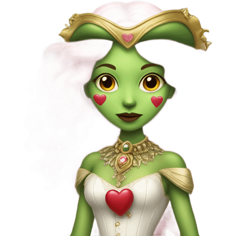 a green amazon alien woman in Victorian white gold, pink hair full body,holdig red big hearth emoji