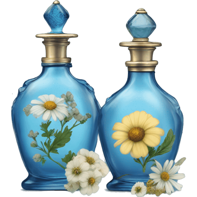 Two blue Antique oil perfume bottles with herbal and flowers emoji