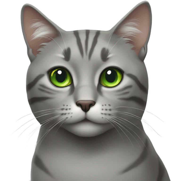 Realistic Gray cat face with some striping and green eyes emoji