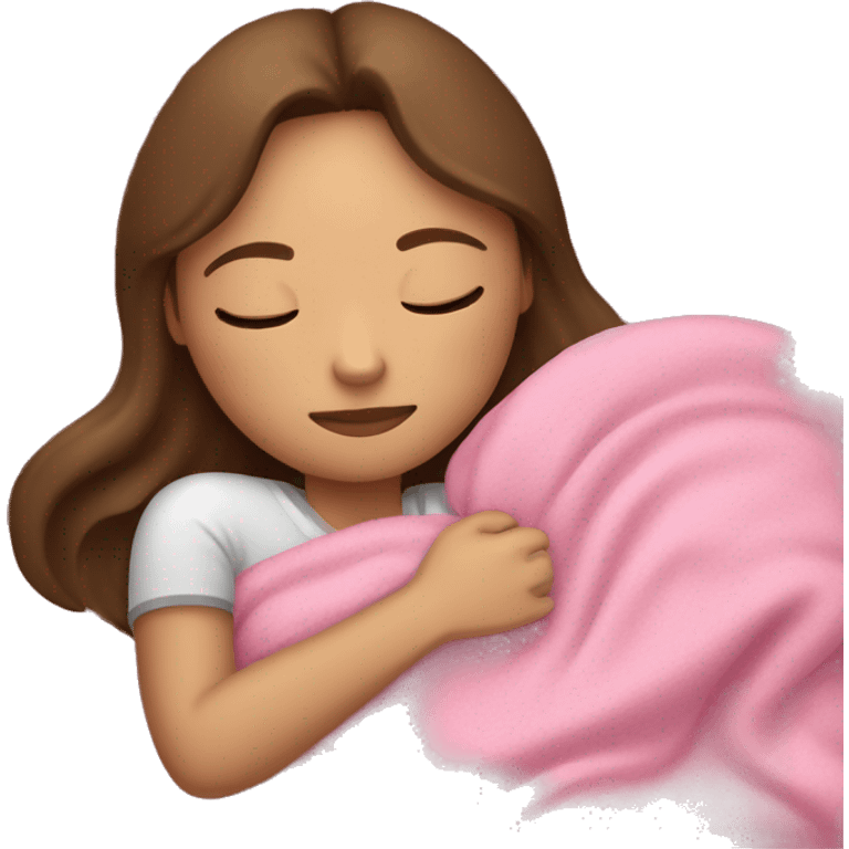 light Brunette girl sleeping on side with pink blanket emoji