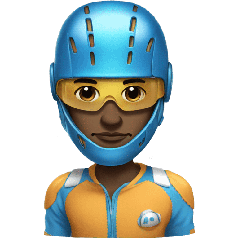 illustration of a cartoon athlete he wears a blue helmet covering his eyes and the design of the helmet resembles a robotic or futuristic headgear,  emoji