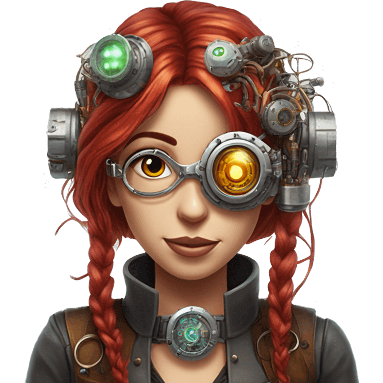 Female cyborg head with long red hair silver steampunk monocle goggles a smile and circuits emoji