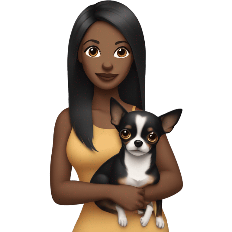 A curvy African American woman with dark skin and straightened black hair holding a black and brown pointy ear chihuahua  emoji