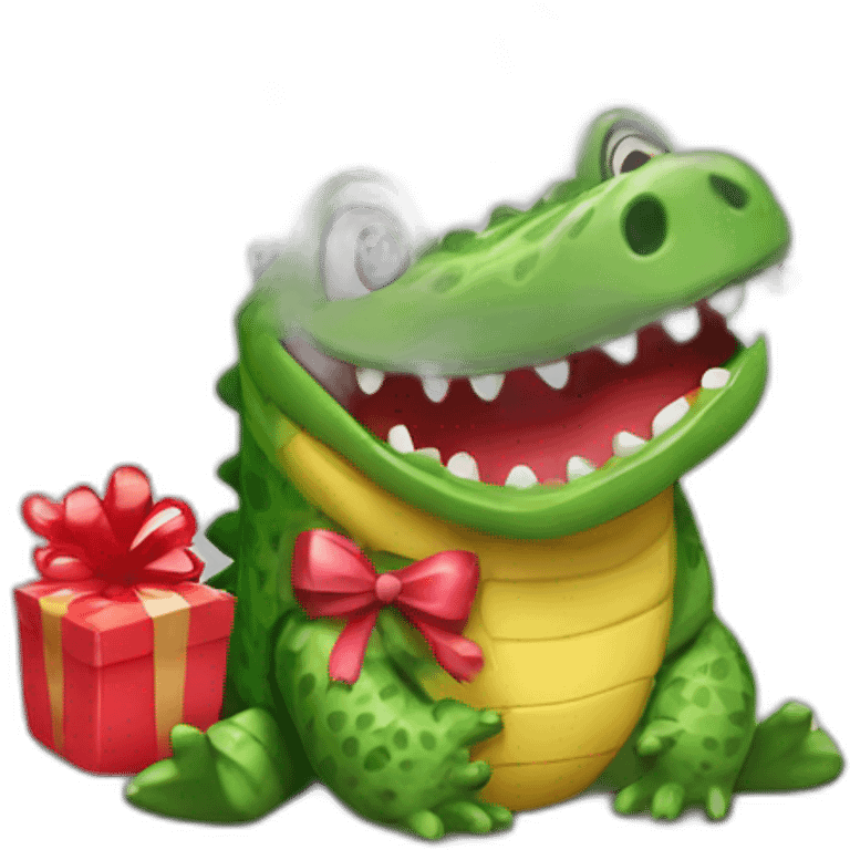 a happy crocodiles with hearts holding a present emoji