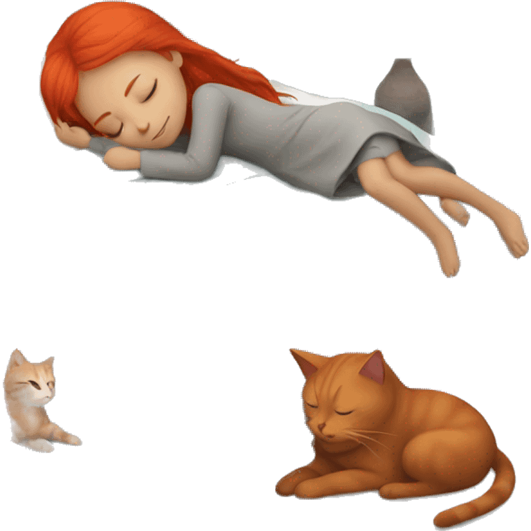 Girl with red hair sleeping next to a GREY CAT emoji