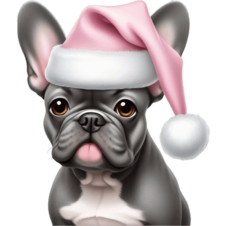 Solid Gray French bulldog with light pink Santa hat emoji