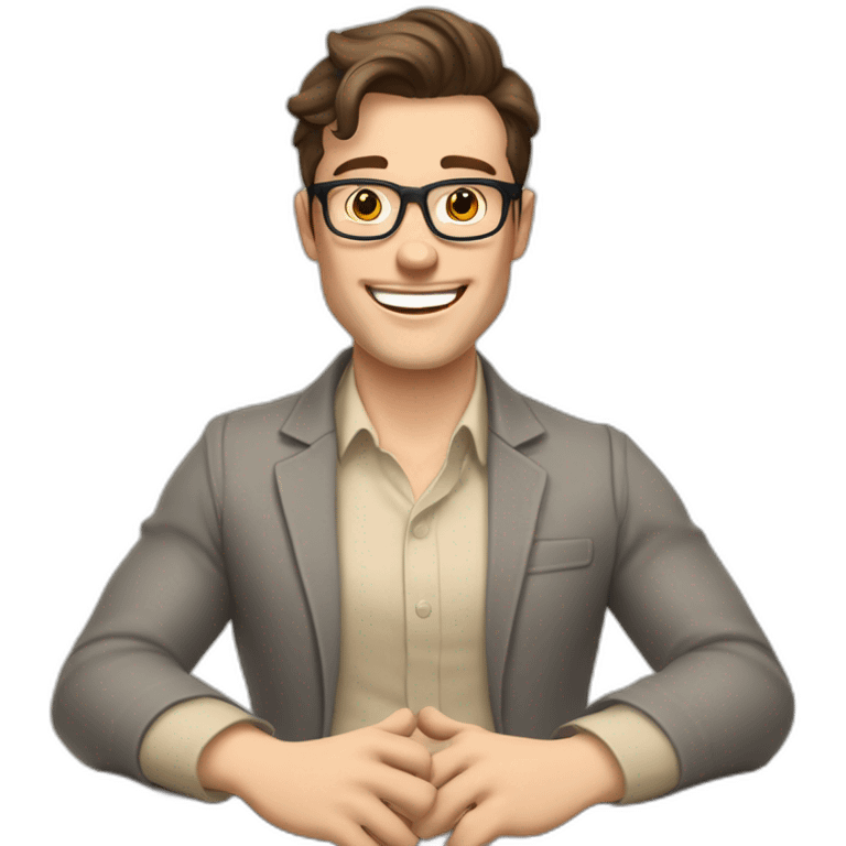 Joyful Celebrating victory Hands up Pale skinned Fit Man With dark brown hair in gray jacket, beige office shirt, Brown pants and vintage glasses sitting In a soft chair emoji