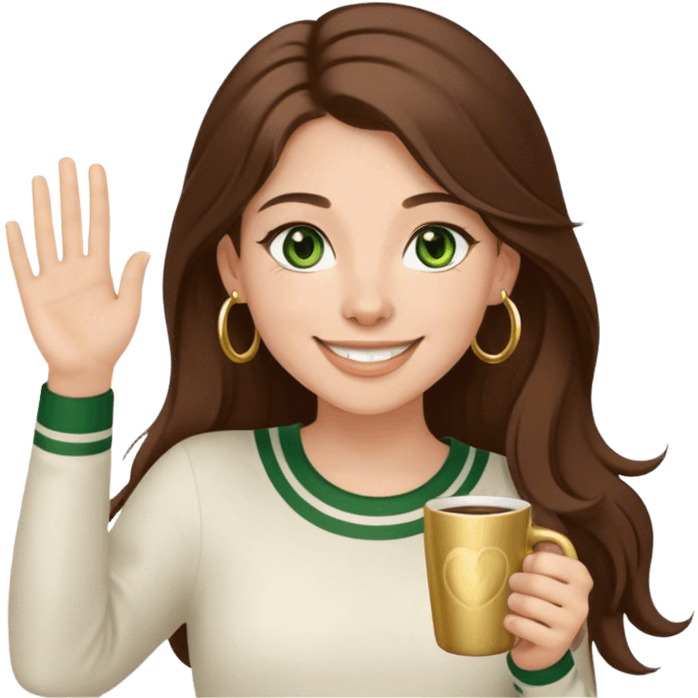 Long, Brown haired girl with middle hair part, green eyes, gold hoop nose ring, smiling, waving with one hand, coffee mug in the other emoji