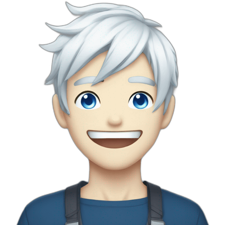 Anime boy with white hair and blue eye with evil laugh emoji